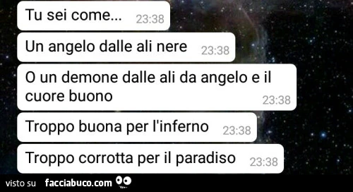 Tu sei come&hellip; un angelo dalle ali nere o un demone dalle ali da angelo e il cuore buono. Troppo buona per l'inferno, troppo corrotta per il paradiso