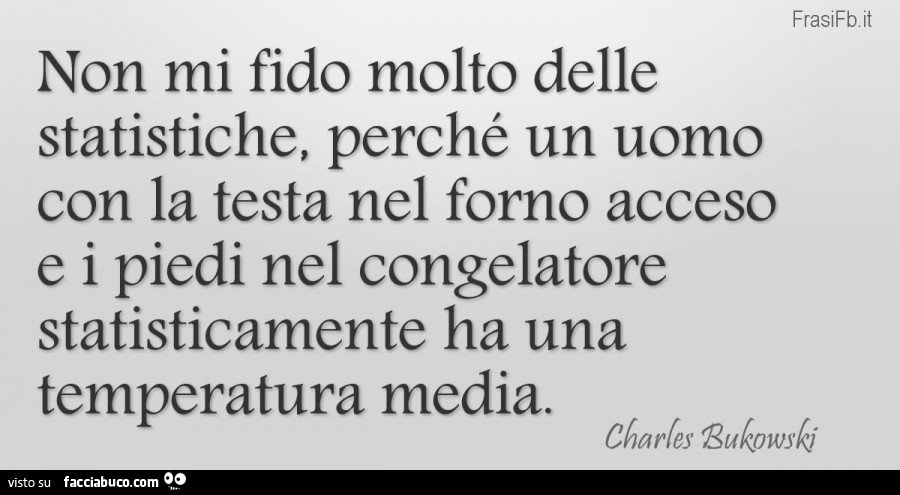 Non mi fido molto delle Statistiche, perchè un uomo con la testa nel forno acceso, e i piedi nel congelatore statisticamente ha una temperatura media