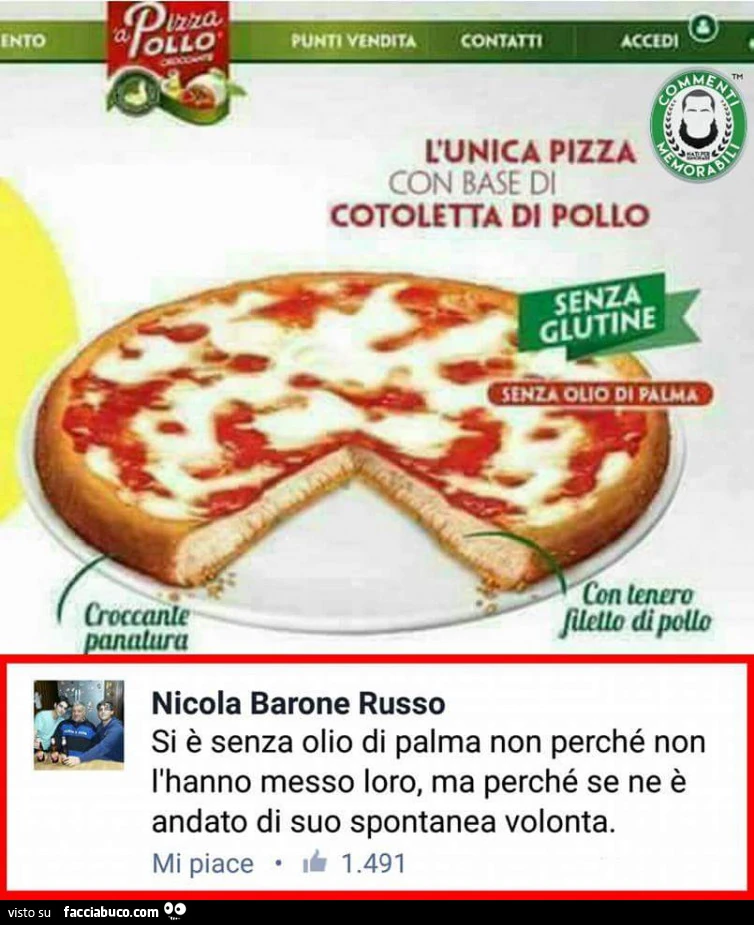 Pizza Pollo. L'unica pizza con base di cotoletta di pollo. Senza olio di Palma. Si non perchè non l'hanno messo loro, ma perchè se ne è andato di sua spontanea volontà