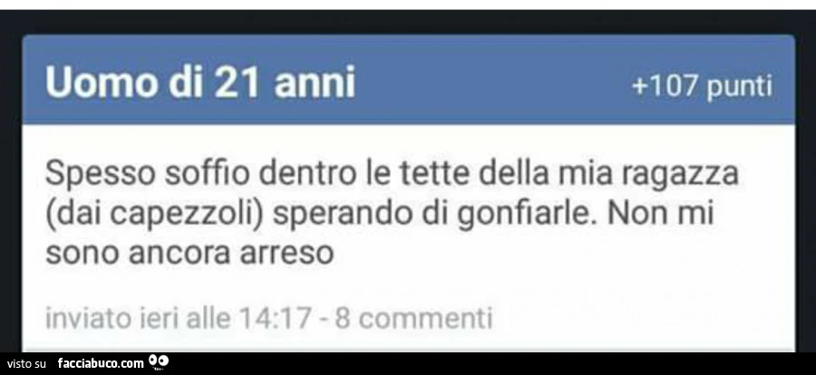 Spesso soffio dentro le tette della mia ragazza (dai capezzoli) sperando di gonfiarle. Non mi sono ancora arreso