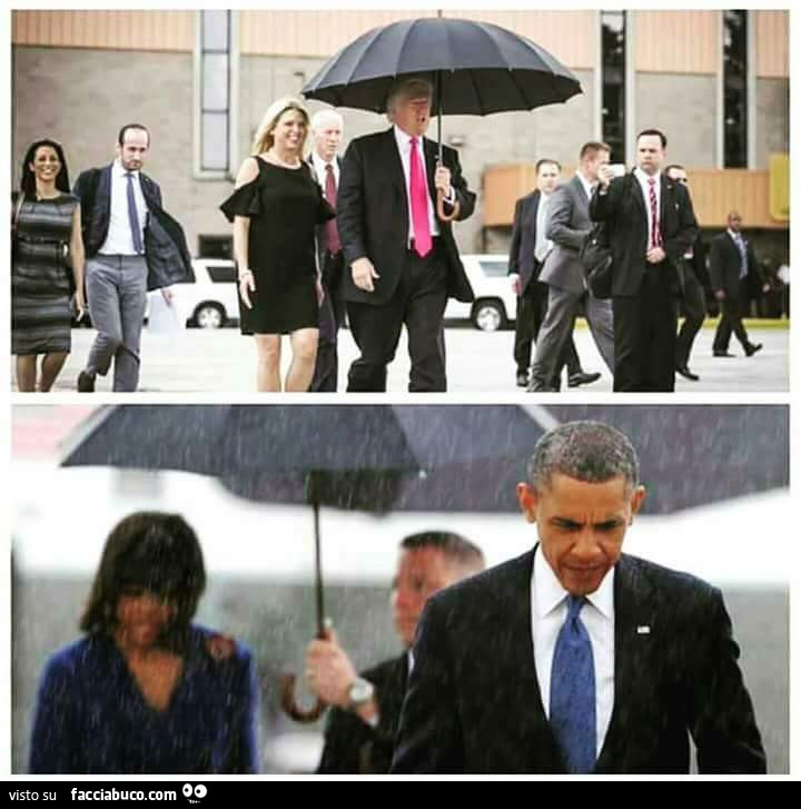 Obama si bagna mentre la moglie è sotto l'ombrello. La moglie di Trump si bagna mentre Donald Trump è sotto l'ombrello