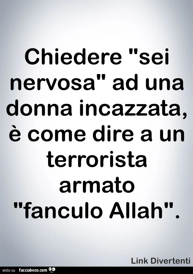 Chiedere nervosa ad una donna incazzata, è come dire a un terrorista armato fanculo Allah