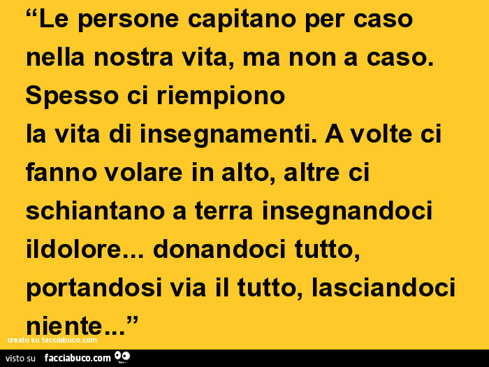 Le persone capitano per caso nella nostra vita, ma non a caso. Spesso ci riempiono la vita di insegnamenti. A volte ci fanno volare in alto, altre ci schiantano a terra insegnandoci ildolore… donandoci tutto, portandosi via il tutto