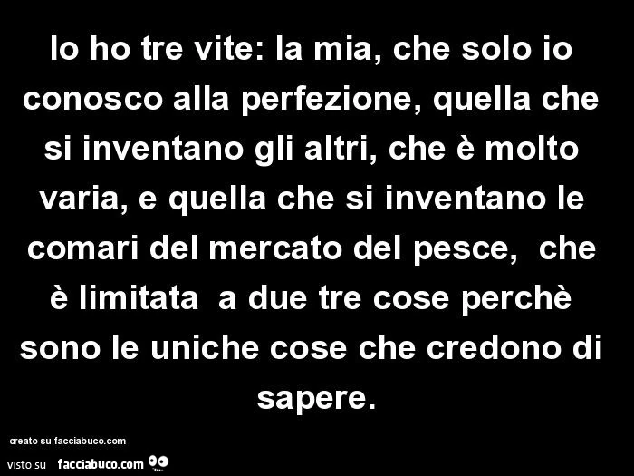 Io ho tre vite: la mia, che solo io conosco alla perfezione, quella che si inventano gli altri, che è molto varia, e quella che si inventano le comari del mercato del pesce, che è limitata a due tre cose perchè sono le uniche cose che credono di sapere