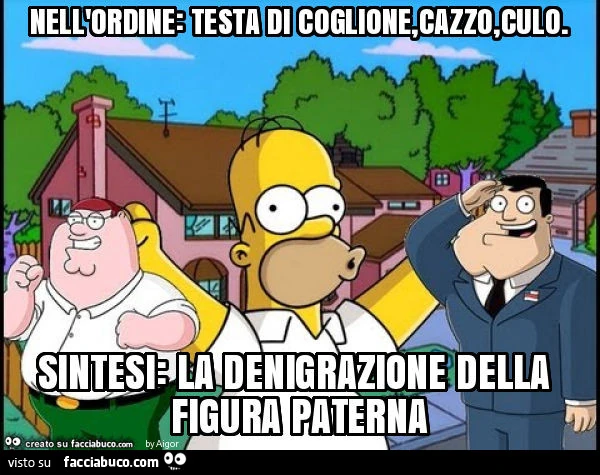Nell'ordine: testa di coglione, cazzo, culo. Sintesi: la denigrazione della figura paterna