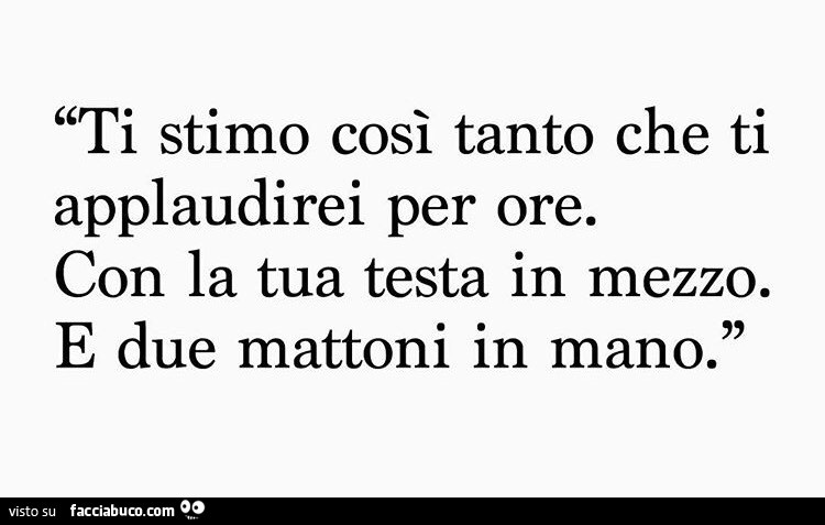 Ti stimo così tanto che ti applaudirei per ore. Con la tua testa in mezzo. E due mattoni in mano