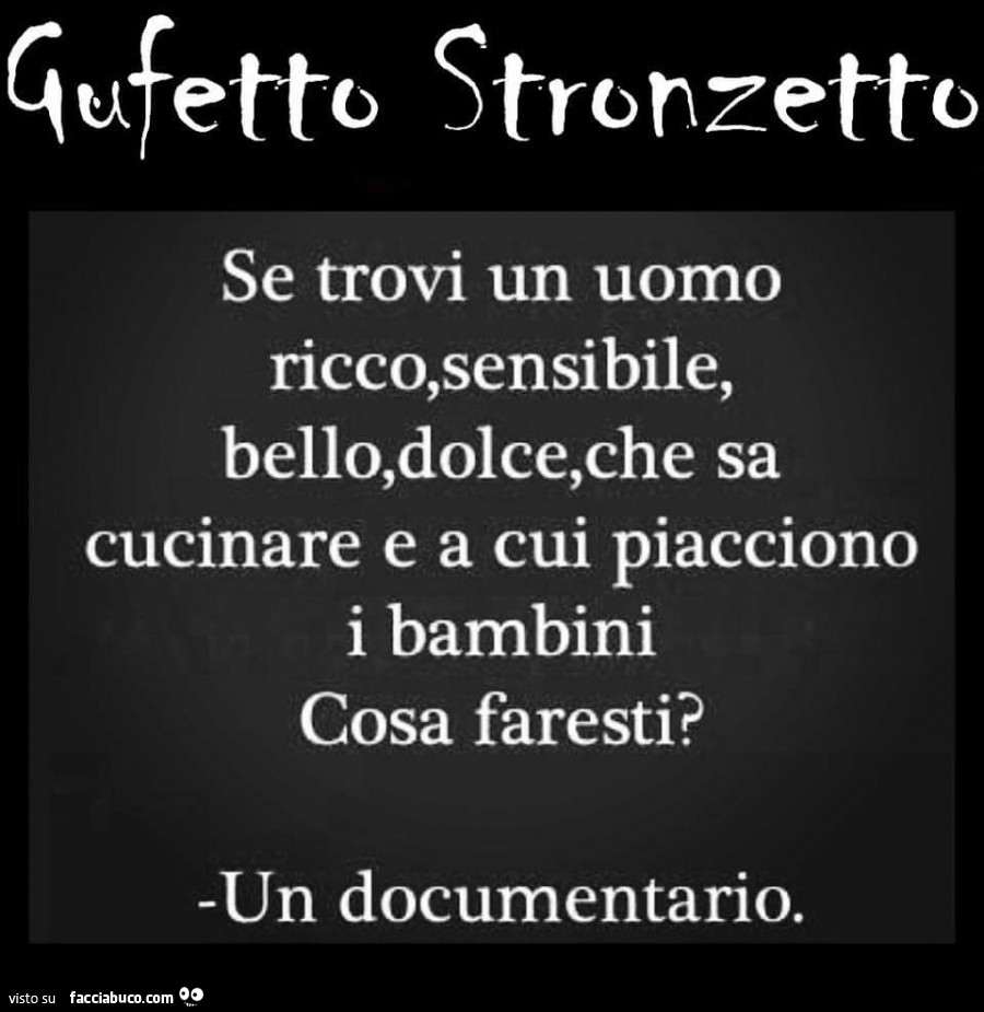 Se trovi un uomo ricco, sensibile, bello, dolce, che sa cucinare e a cui piacciono i bambini cosa faresti? Un documentario