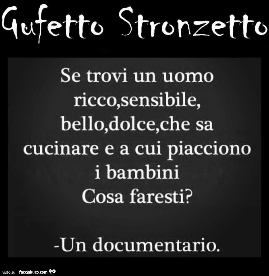 Se trovi un uomo ricco, sensibile, bello, dolce, che sa cucinare e a cui piacciono i bambini cosa faresti? Un documentario