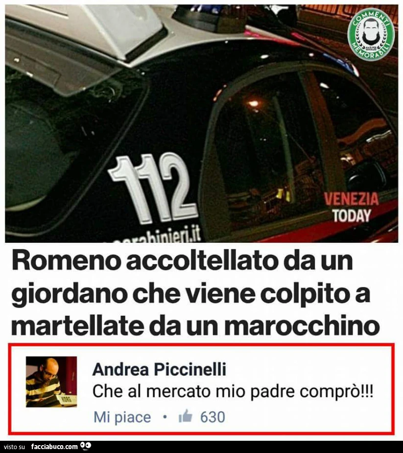 Romeno accoltellato da un Giordano che viene colpito a martellate da un marocchino. Che al mercato mio padre comprò