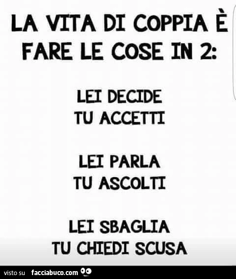 La vita di coppia è fare le cose in 2: lei decide, tu accetti, lei parla, tu ascolti, lei sbaglia, tu chiedi scusa