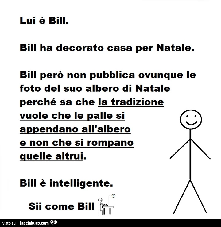 Lui è bili. Bill ha decorato casa per natale. Bill però non pubblica ovunque le foto del suo albero di natale perché sa che la tradizione vuole che le palle si appendano all'albero e non che si rompano quelle altrui. Bill è intelligente. Sii come bil