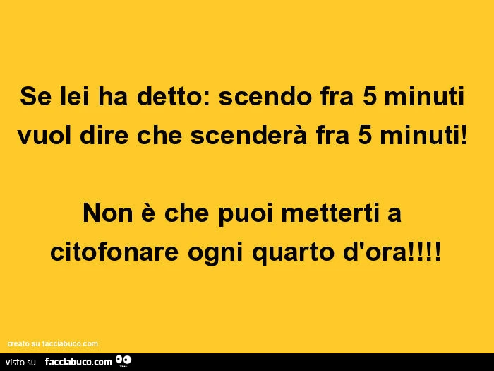 Se lei ha detto: scendo fra 5 minuti vuol dire che scenderà fra 5 minuti! Non è che puoi metterti a citofonare ogni quarto d'ora