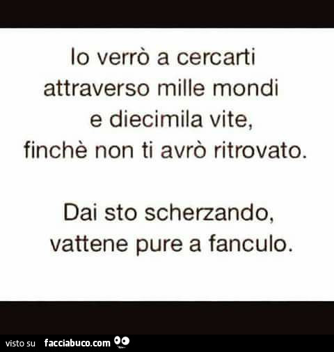 Io verrò a cercarti attraverso mille mondi e diecimila vite, finché non ti avrò ritrovato. Dai sto scherzando, vattene pure a fanculo