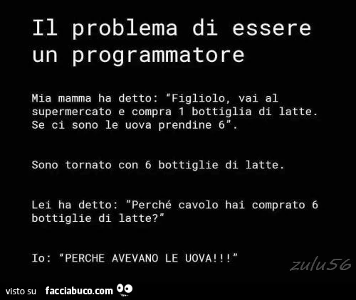 Il problema di essere un programmatore: mia mamma ha detto: figliolo, vai al supermercato e compra 1 bottiglia di latte. Se ci sono le uova prendine 6