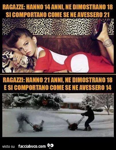 Ragazze: hanno 14 anni, ne dimostrano 18 si comportano come se ne avessero 21 ragazzi: 21 anni. Ne dimostrano 18 e si comportano come se ne avessero u