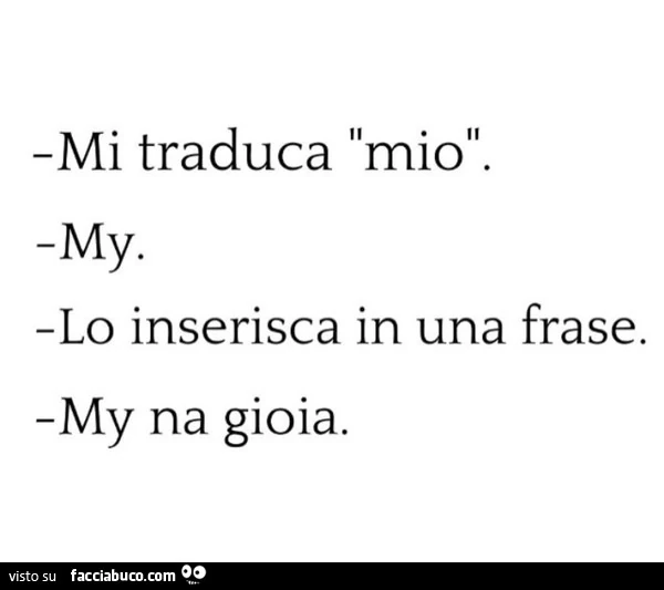 Mi traduca "mio". My. Lo inserisca in una frase. My na gioia