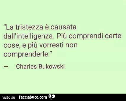 La tristezza è causata dall'intelligenza. Più comprendi certe cose, e più vorresti non comprenderle. Charles Bukowski