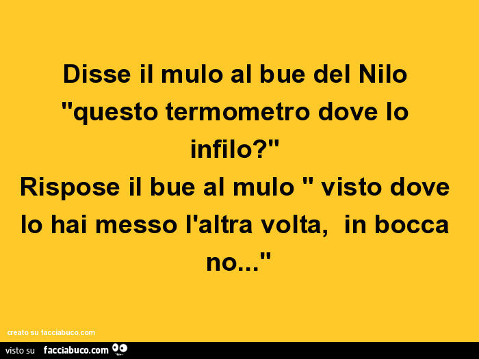 Disse il mulo al bue del nilo "questo termometro dove lo infilo? " Rispose il bue al mulo " visto dove lo hai messo l'altra volta, in bocca no… "