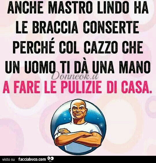 Anche Mastro Lindo ha le braccia conserte perchè col cazzo che un uomo ti da una mano a fare le pulizie di casa
