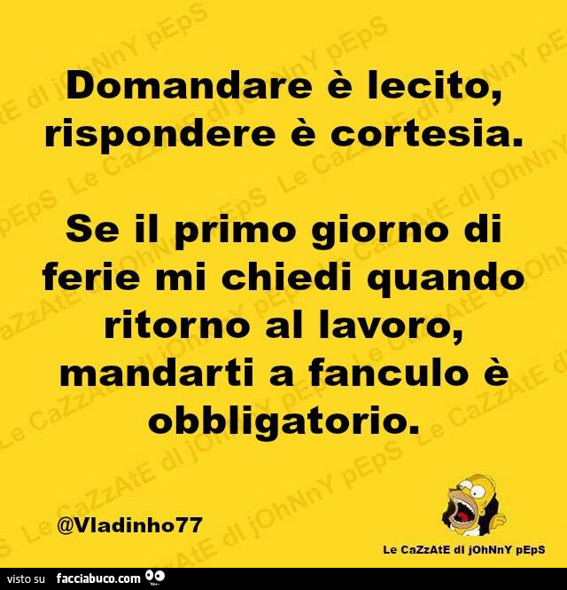 Domandare è lecito, rispondere è cortesia. Se il primo giorno di ferie mi chiedi quando ritorno al lavoro, mandarti a fanculo è obbligatorio