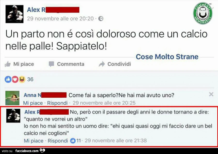 Un parto non è così doloroso come un calcio nelle palle! Sappiatelo! Come fai a saperlo? Ne hai mai avuto uno? No, però con il passare degli anni le donne tornano a dire: quanto ne vorrei un altro. Io non ho mai sentito un uomo dire: ehi quasi quasi oggi 