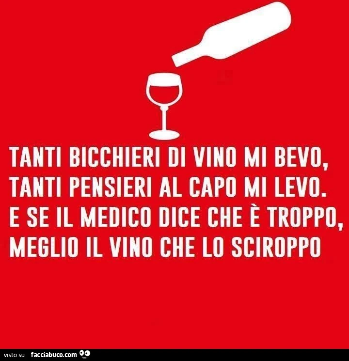 Tanti bicchieri di vino mi bevo, tanti pensieri al capo mi levo. E se il medico dice che é troppo, meglio il vino che lo sciroppo