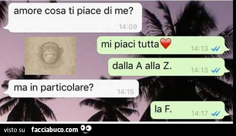 Amore cosa ti piace di me? Mi piaci tutta dalla a alla z. Ma in particolare? La F