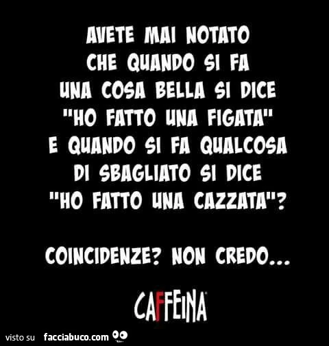 Avete mai notato che quando si fa una cosa bella si dice ho fatto una figata, e quando si fa qualcosa di sbagliato si dice ho fatto una cazzata? Coincidenze? Non credo