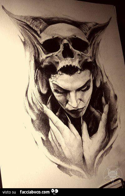 Disegno di strega con il teschio in testa