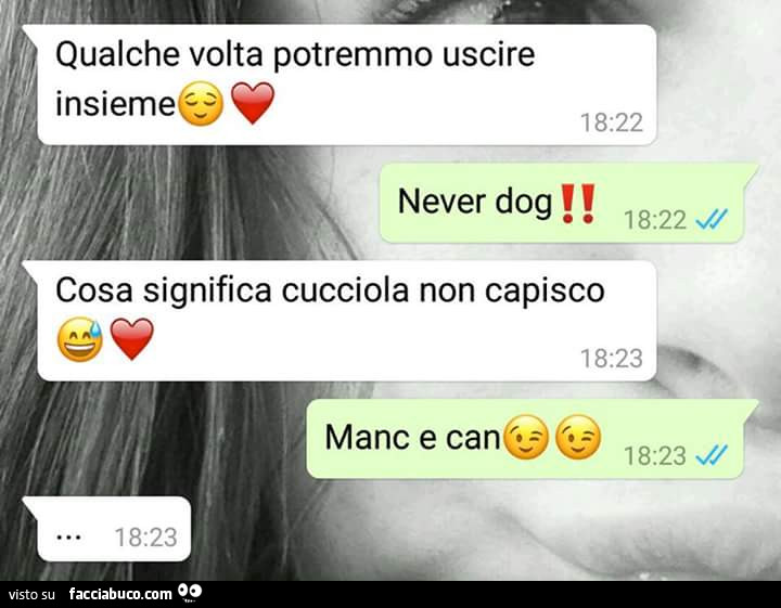 Qualche volta potremmo uscire insieme. Never dog! Cosa significa cucciola non capisco. Manc e can